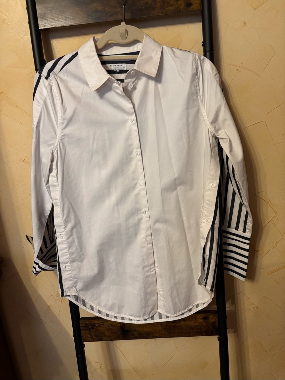 Equipment Femme White Button-Down Shirt with Black Striped Sleeve Panels